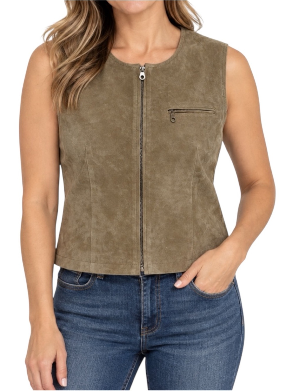 Saguaro West Womens Large Brown Suede Leather Vest Zip Front Western Vintage